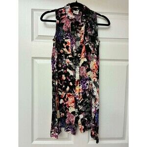 Cupio Floral Button Front Shirt Dress Sleeveless Black Purple Women See Measurem